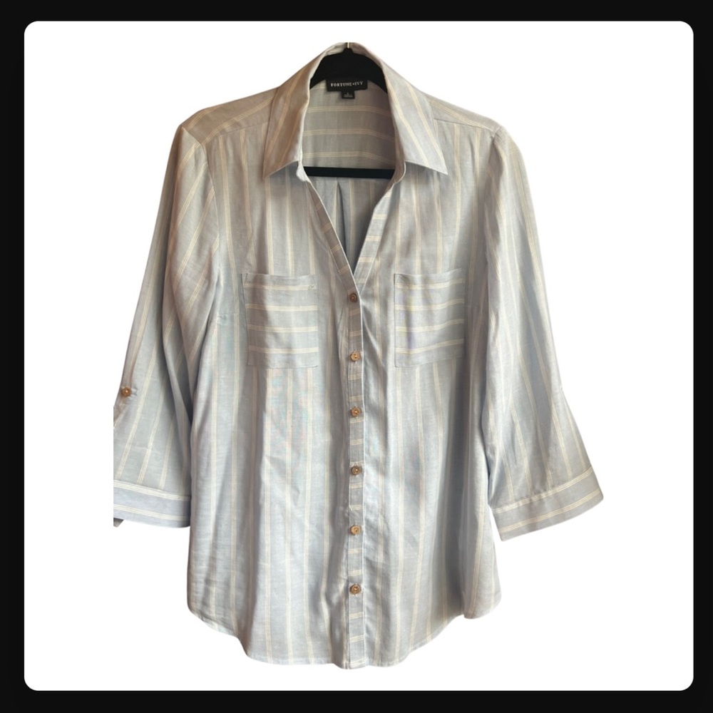 Blue and white striped Fortune & Ivy button up, size large.